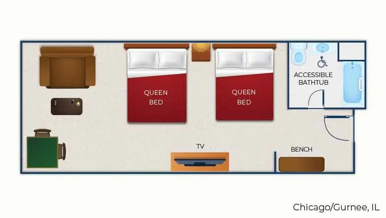 The floorplan for the Accessible bathtub  Double Queen Suite
